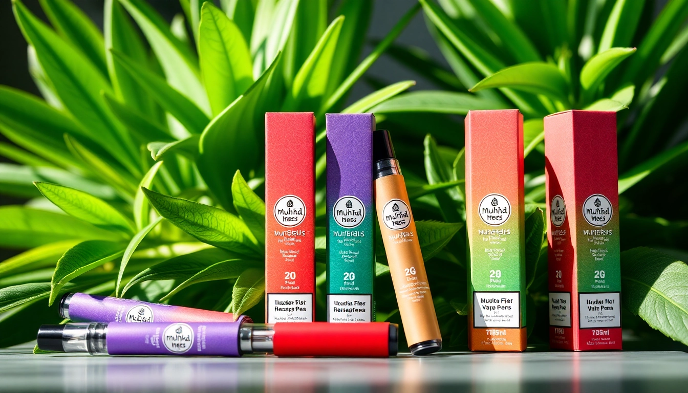 Buy Muha Meds 2g online with premium vape pens displayed among lush greenery.