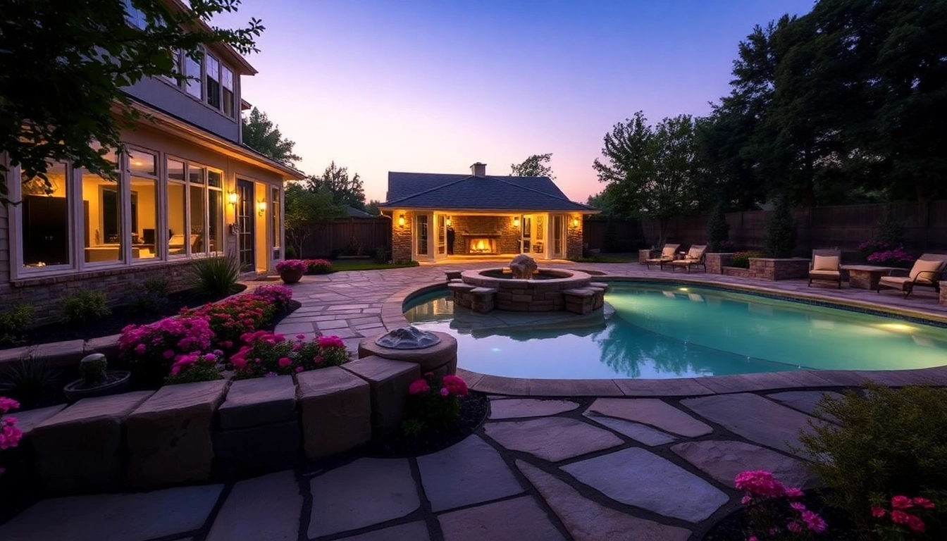 Enhance your outdoor living with beautifully designed Hardscapes & Pools featuring stone patios and lush landscaping.