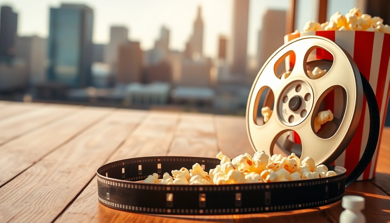 Discover the latest movie news and updates with a captivating film reel and popcorn on display.