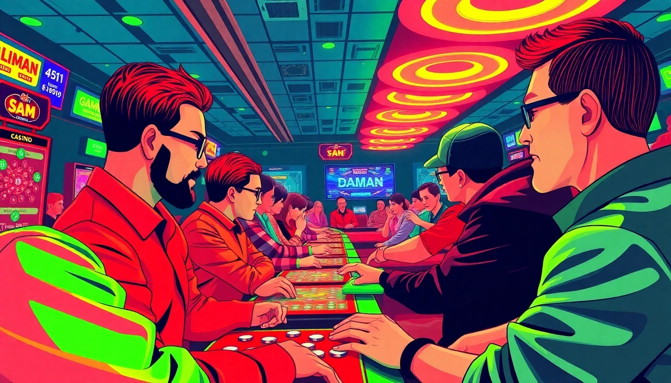 Engage in the Daman color game with players predicting vibrant red and green outcomes in a lively online casino setting.