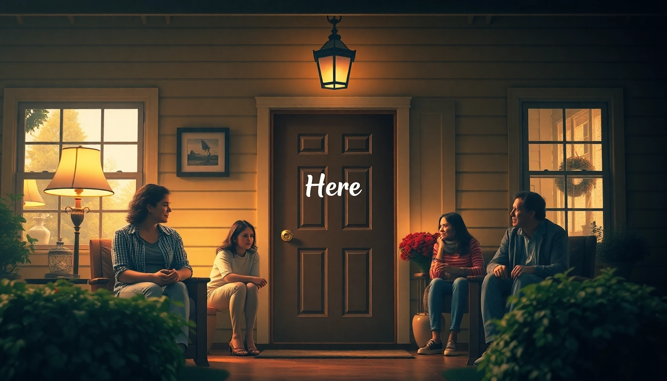 Families gathering at the inviting front door, showcasing the essence of 'Here' with a warm and nostalgic mood.