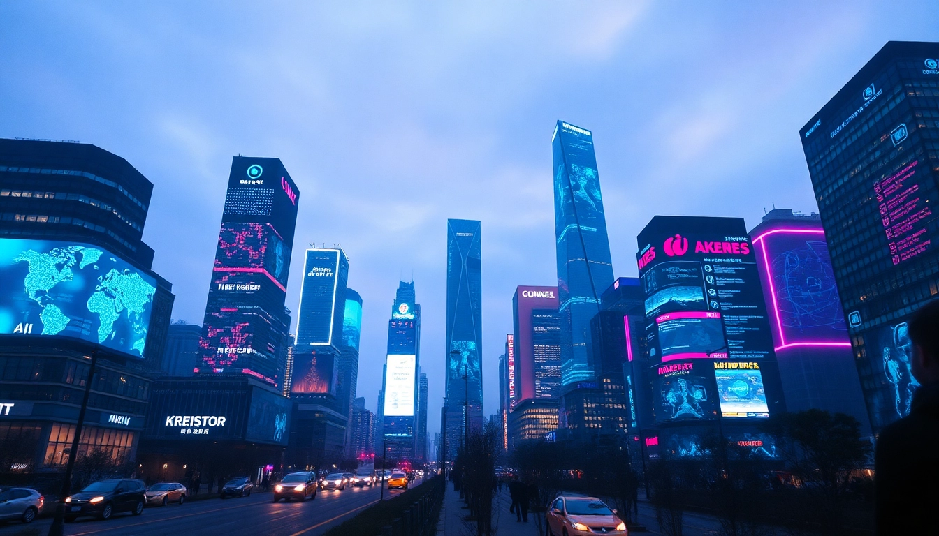 Explore a vibrant futuristic city view showcasing an advanced AI search engine technology in action.