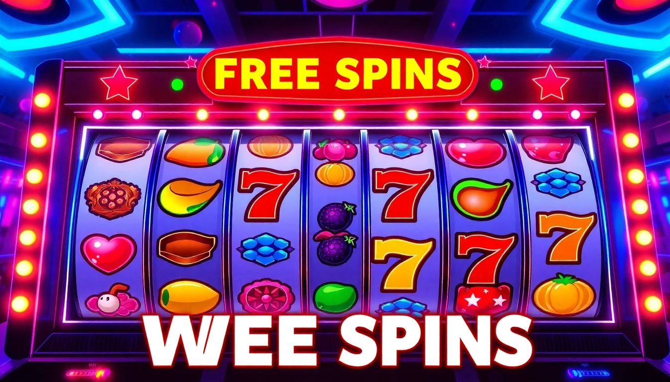 Claim free spins on vibrant slot machines showcasing neon lights and lucky symbols for an exciting gaming experience.