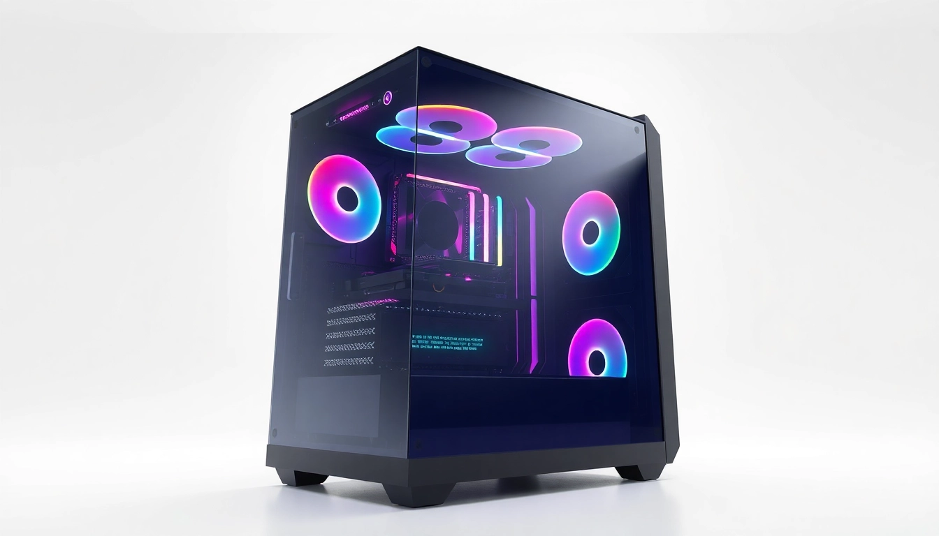 PC CASE Manufacturer showcasing a sleek modern design with tempered glass and vibrant RGB lighting.