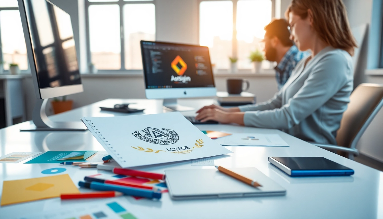 Showcasing AI-powered branding services in a dynamic workspace with logo design activities.
