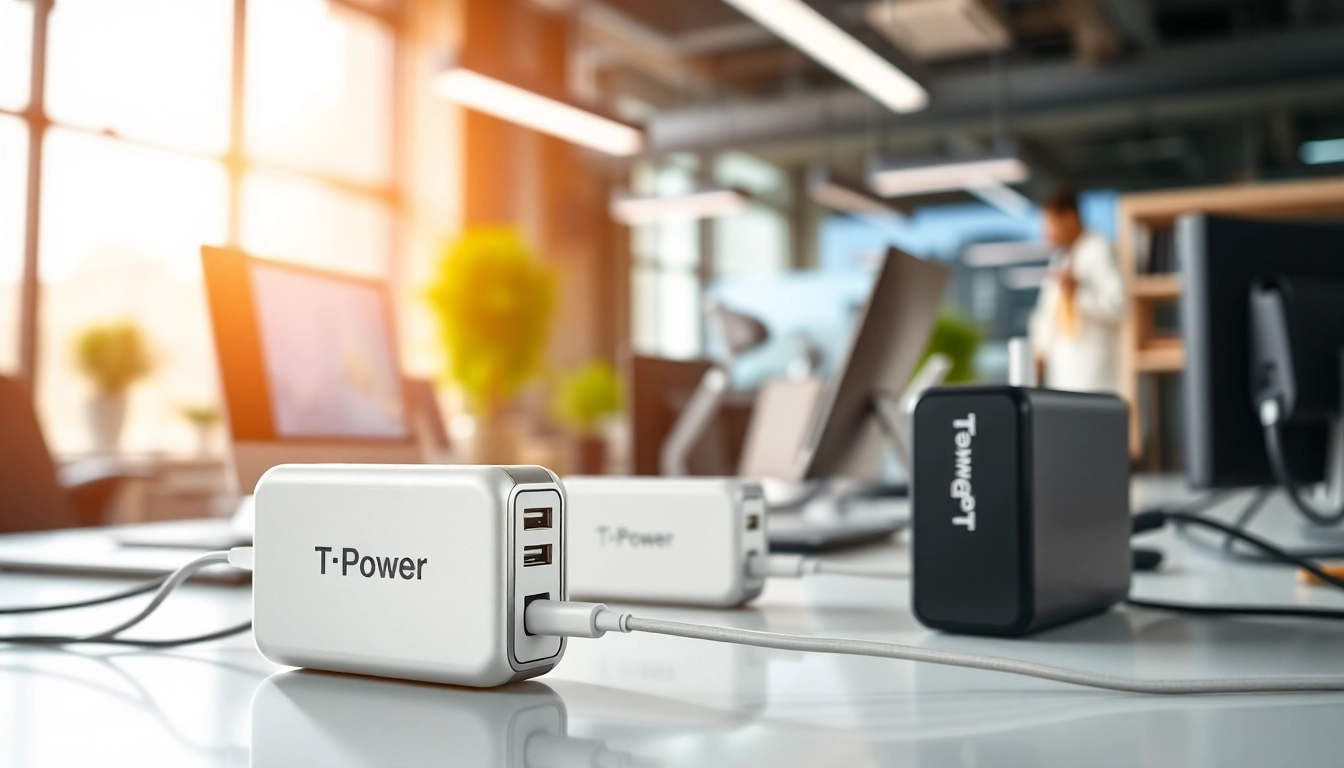 Showcase of TPower products, highlighting power supplies in a modern tech workspace.