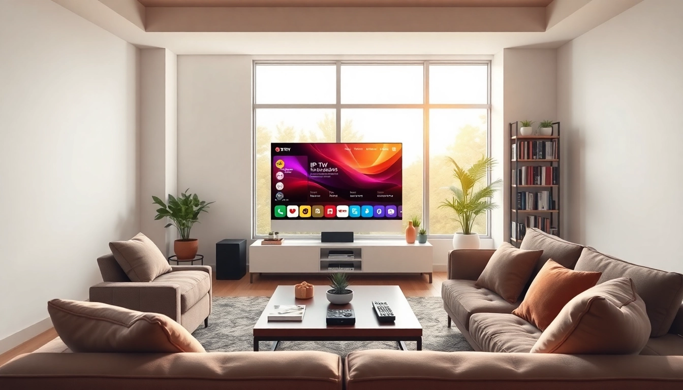 Experience IPTV demo account features in a cozy living room with a vibrant TV interface.