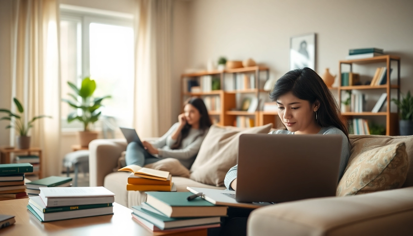 Engaged students attending online university degrees from UK in a cozy study setting.