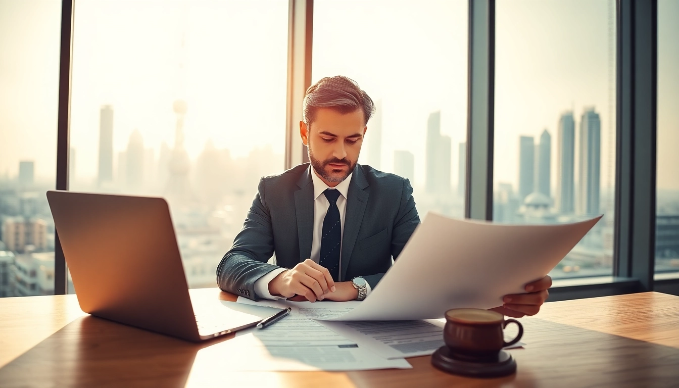 Legal consultant assisting with trademark registration in Dubai in a modern office environment.
