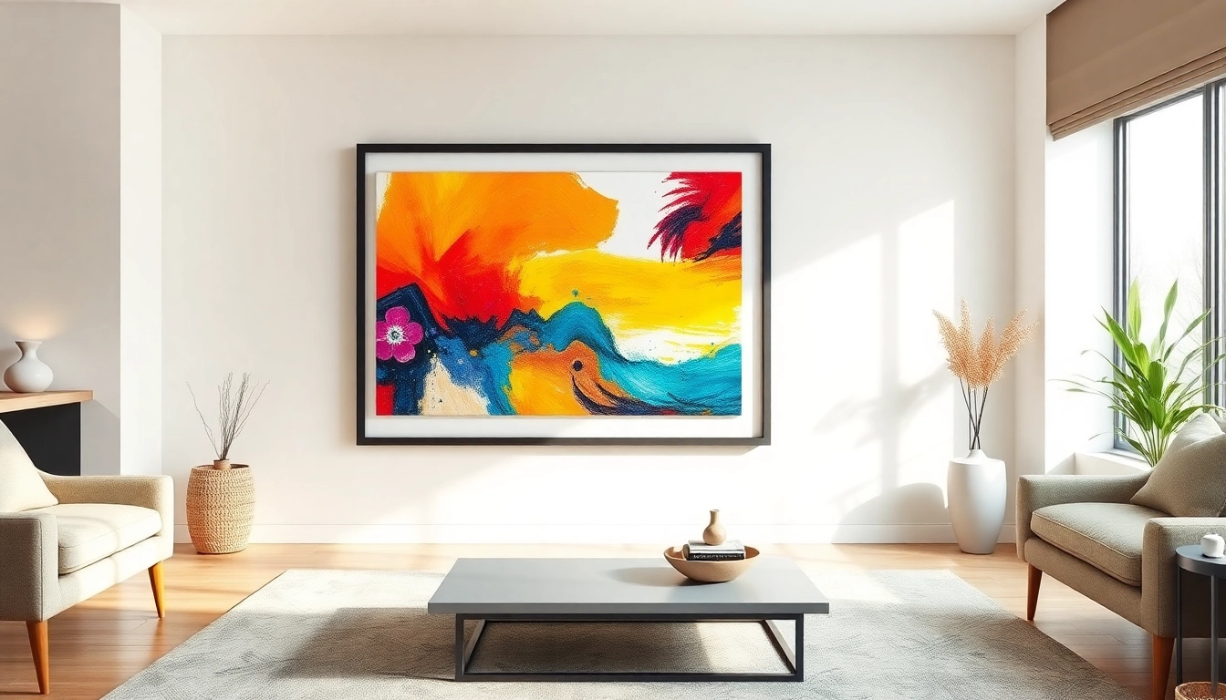 Showcase of a 36x48 frame beautifully displaying modern artwork in a stylish living room.