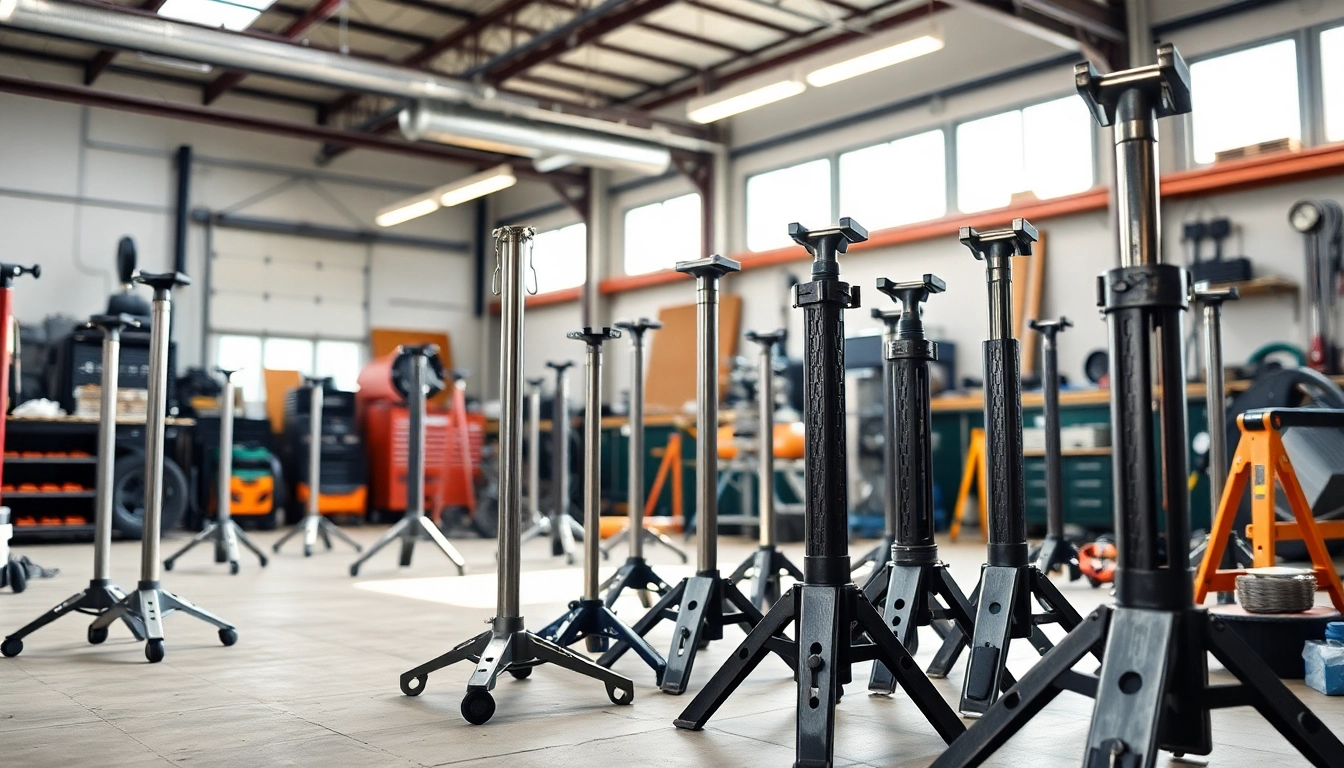 Showcase of pipe stands in a workshop highlighting adjustable and heavy-duty models.