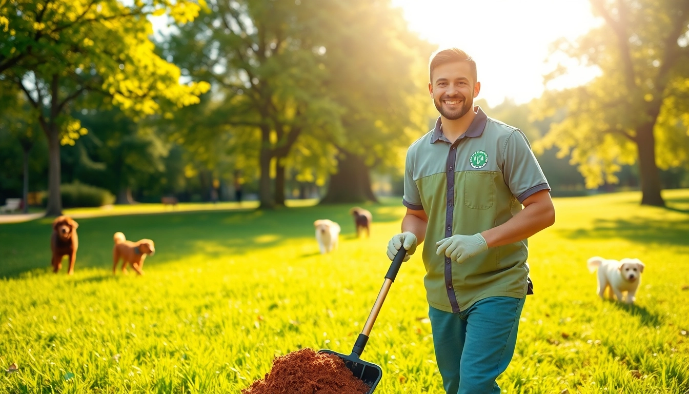 Effective dog poop cleanup by a professional in a bright park setting.
