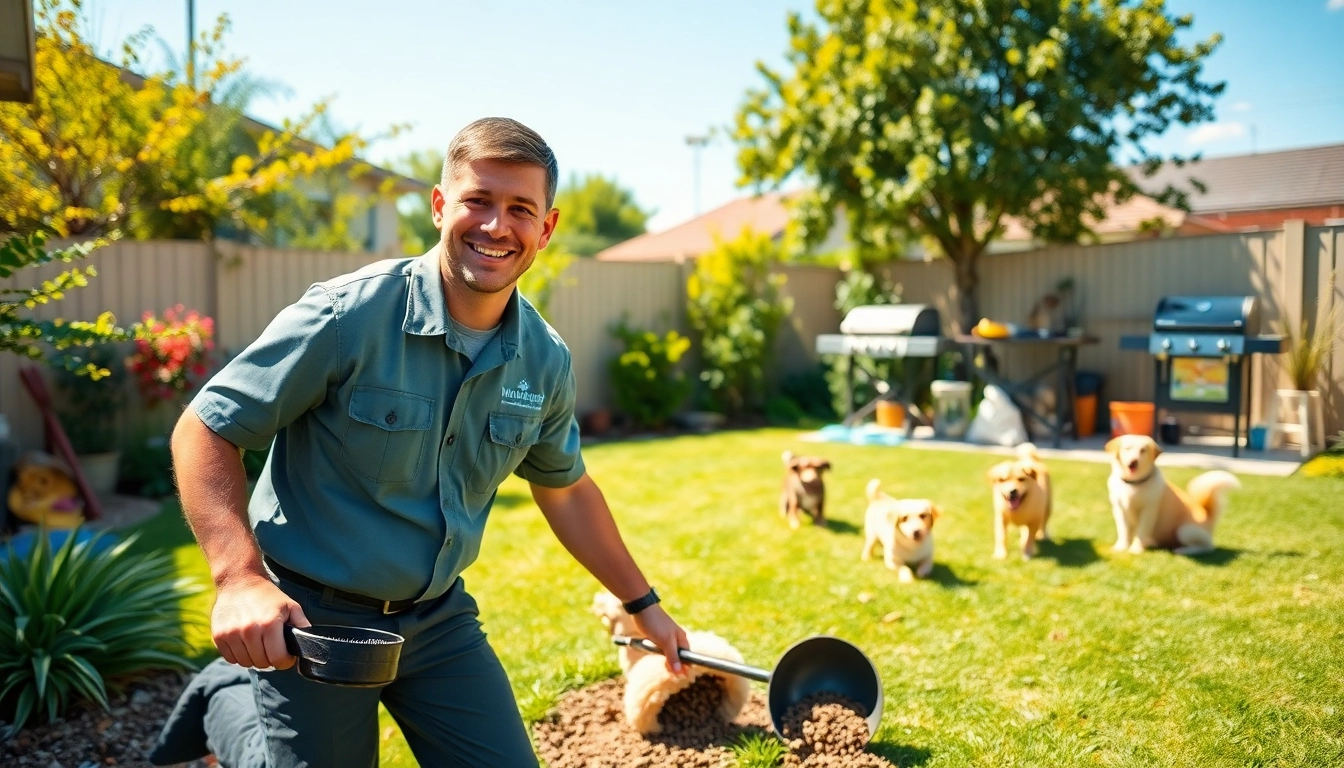 Dog clean up service technician efficiently picking up dog waste in a sunny backyard setting.