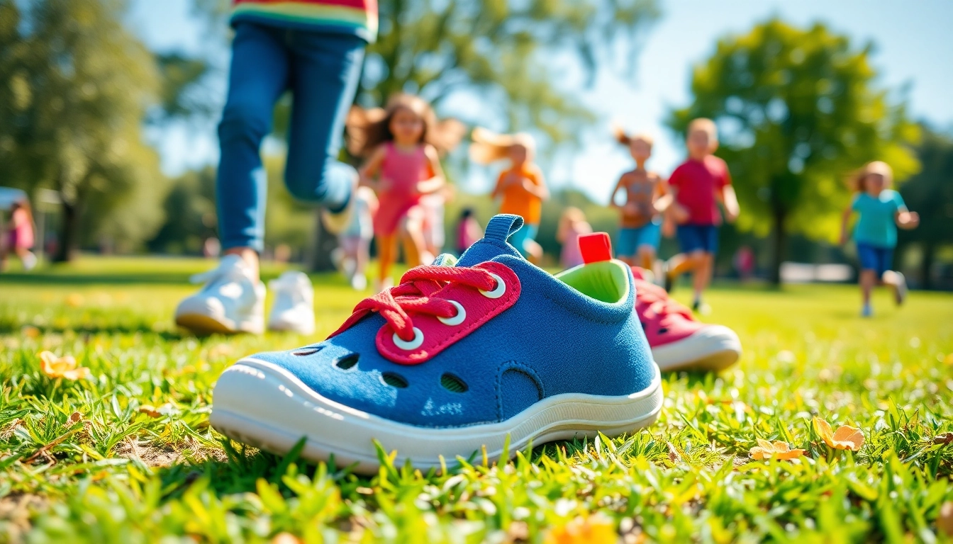 Spielen Kinder in Barfußschuhe Kinder während eines schönen, sonnigen Tages im Park.