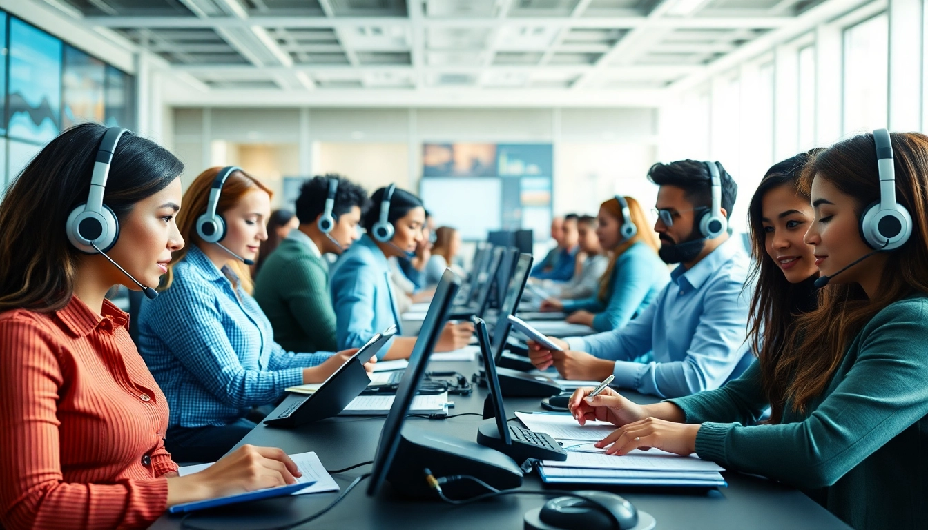 Engaged team conducting Telephone Data Collection in a bustling call center.