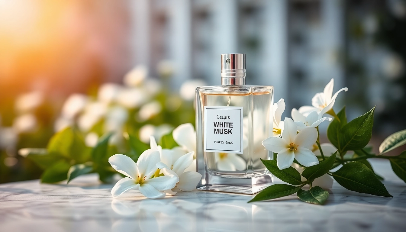 Sentir le parfum de musc blanc à travers une élégante bouteille sur fond floral.