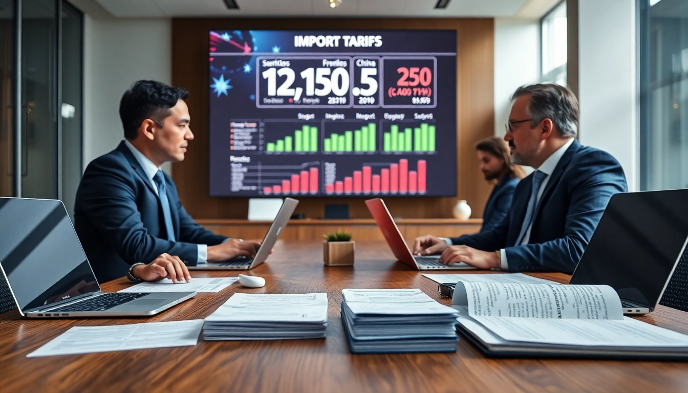 Economists analyzing import tariffs China during a trade discussion in a modern office setting.
