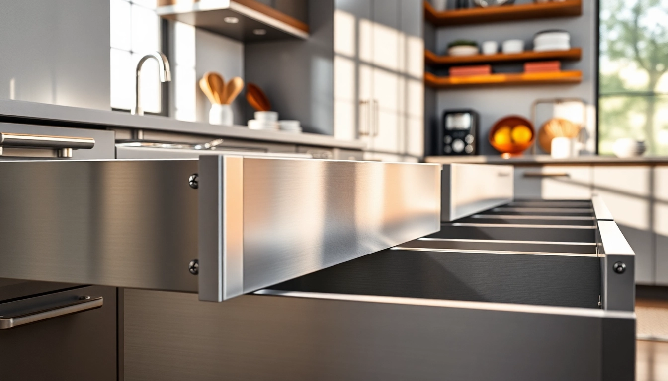 Highlighting a Metal Drawer System with sleek design in a modern kitchen setup.