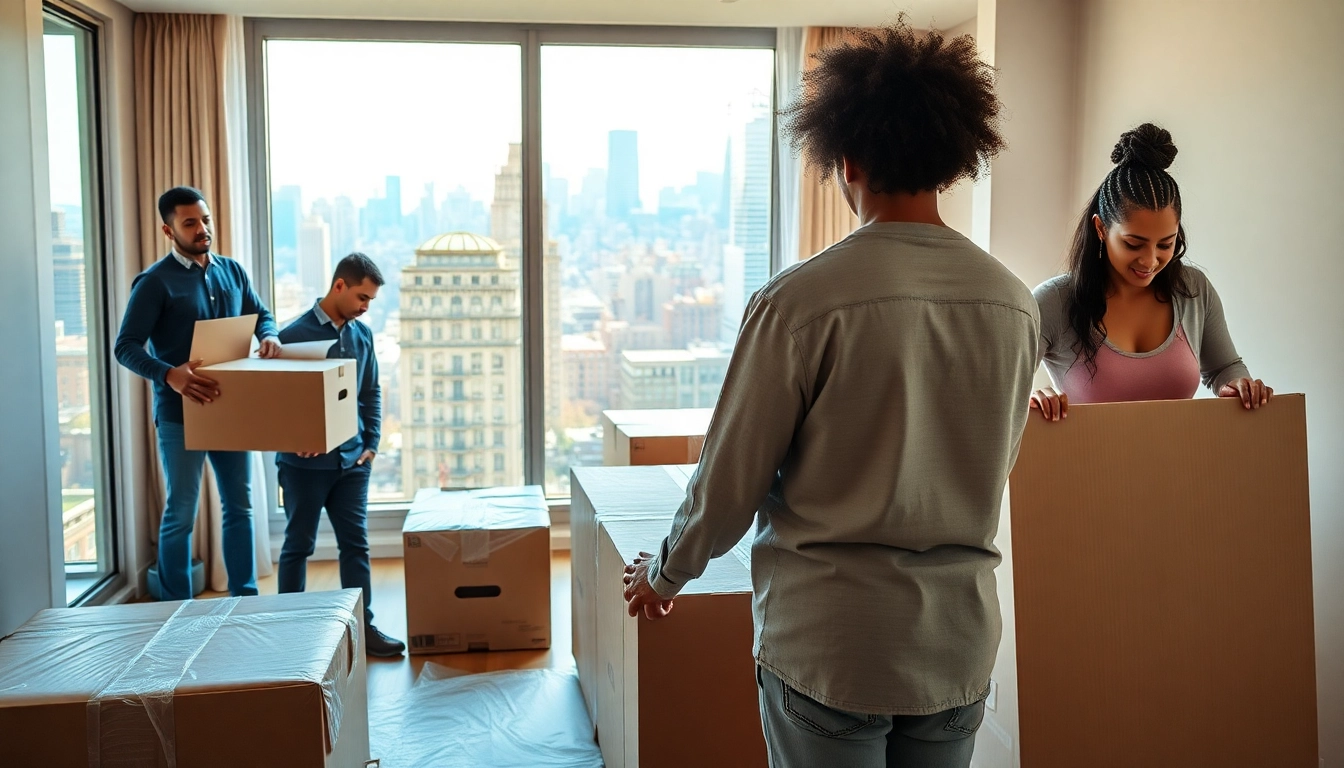 Best movers nyc working efficiently to pack furniture in a vibrant NYC apartment.