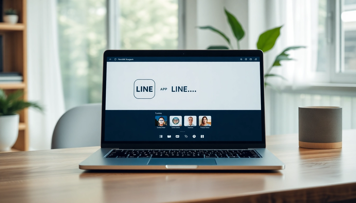 Download line電腦版下載 on a sleek laptop in a modern office setup.