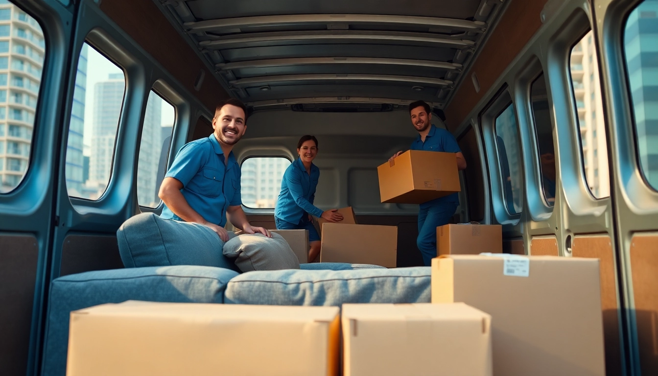 Man and van moving team efficiently loading items into a van in the city.