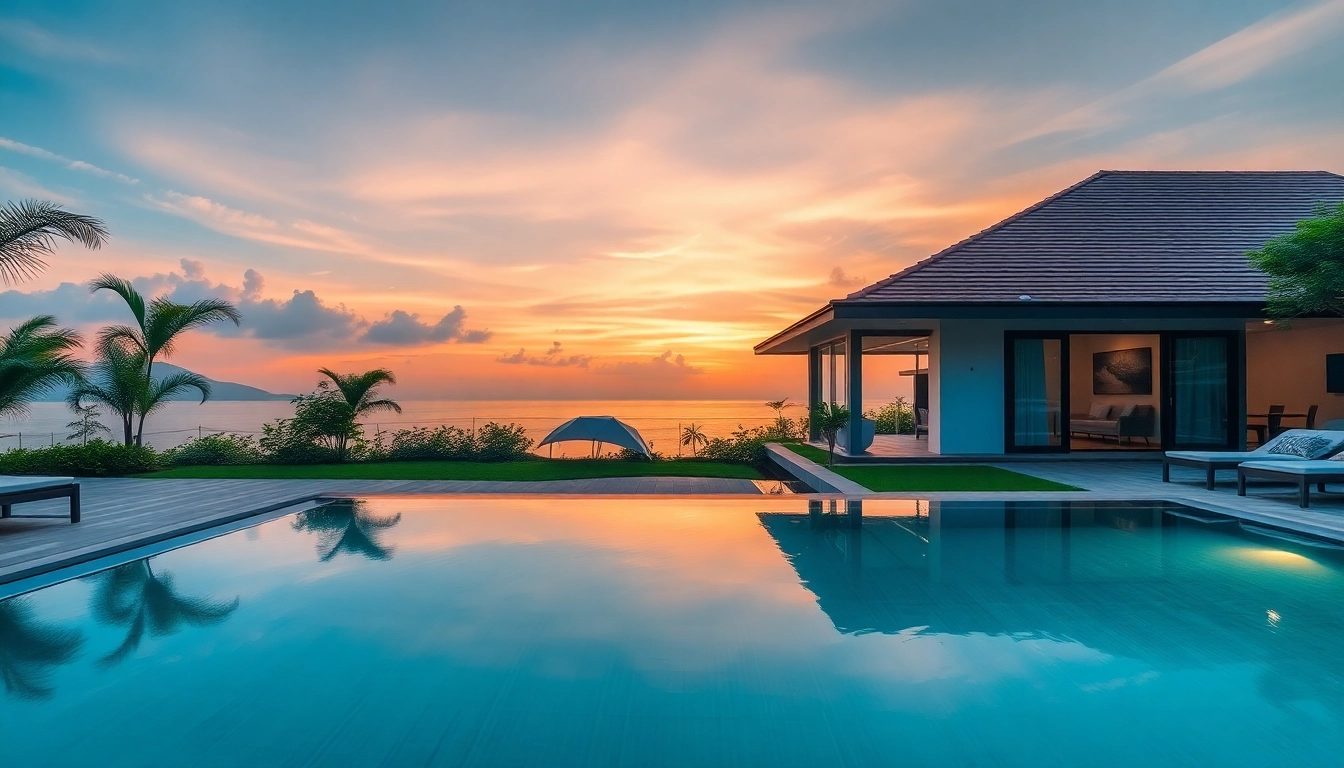 Luxury villa showcasing premium real estate agent Phuket services with stunning pool and sunset view.
