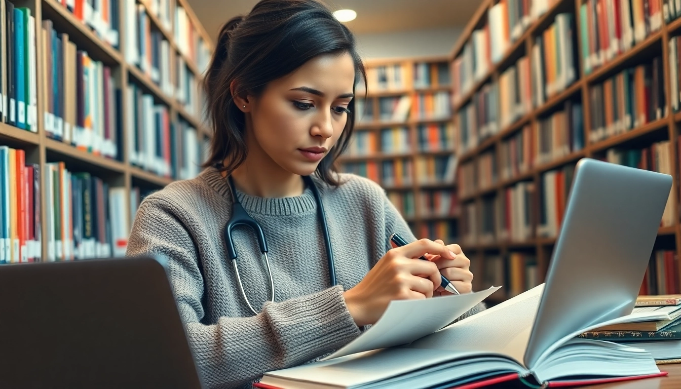Crafting persuasive nursing essay topics in a focused library environment with a thoughtful student.