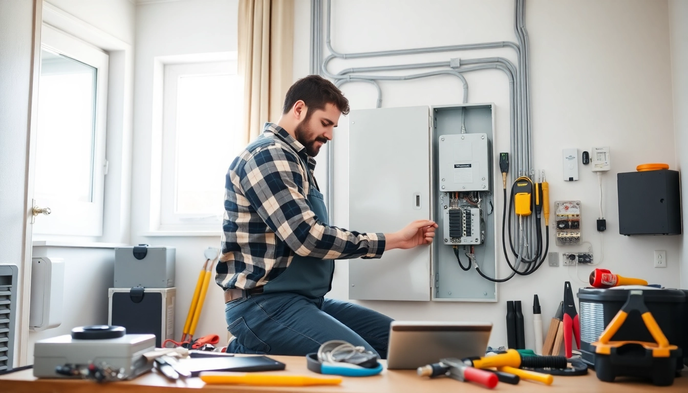 Install an electrical panel with a licensed electrician working in a well-lit home environment.