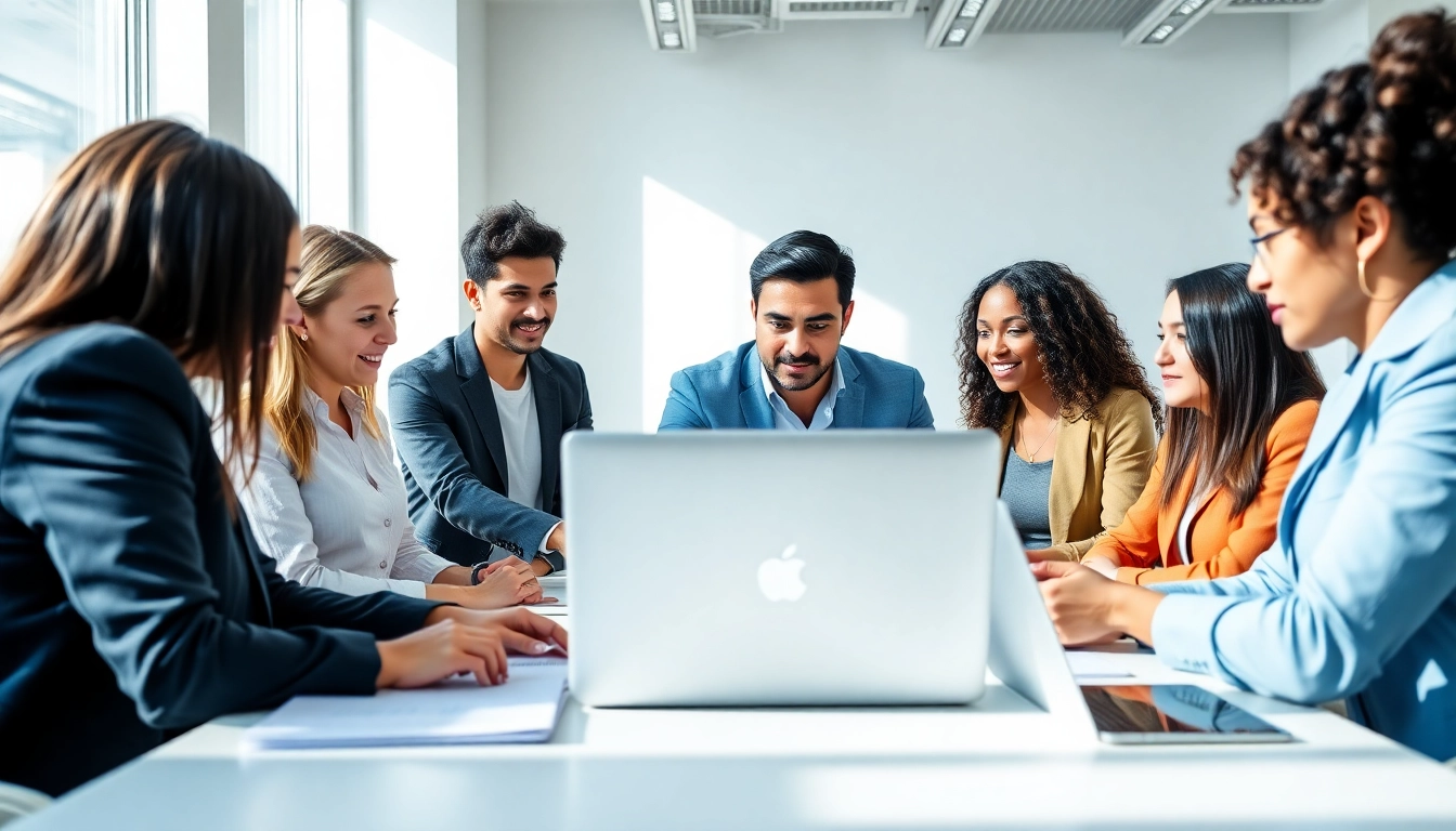 Engaging visual of an online trademark registration platform showcasing professionals working collaboratively.