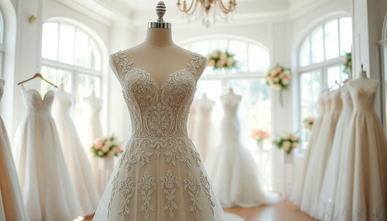 Explore exquisite Beaded Wedding Dresses featuring intricate beadwork in a bridal boutique.