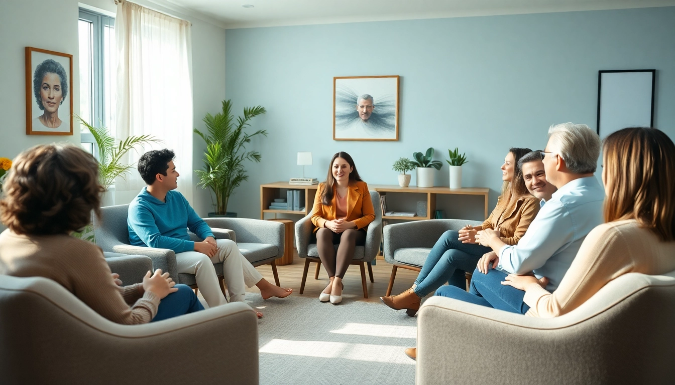 Group therapy session focused on healing trauma with a supportive therapist and calming atmosphere.