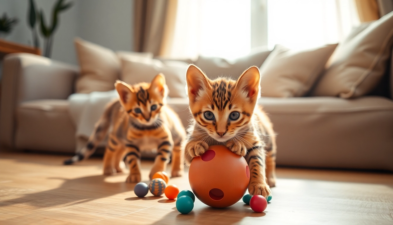 Adorable Bengal Kittens for Sale playing with toys in a warm, inviting living room.