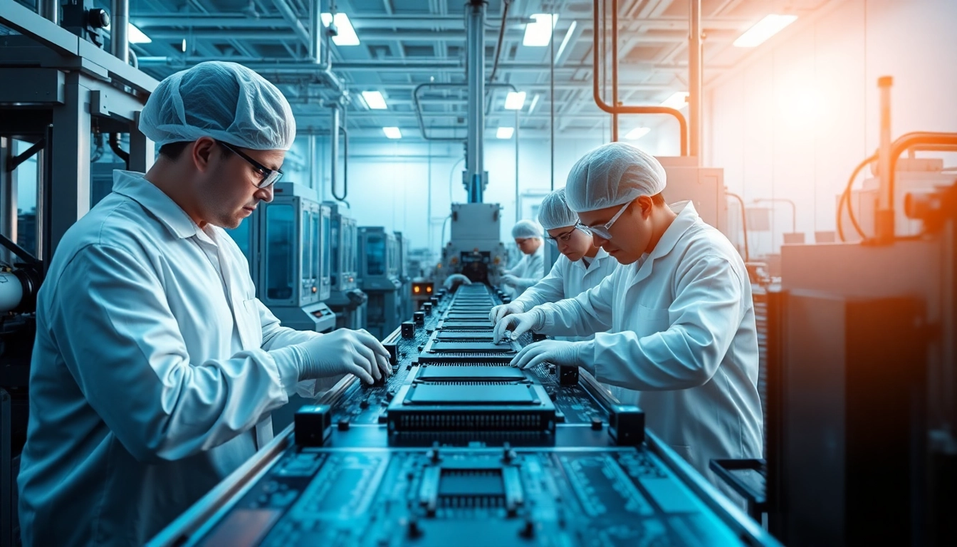 Engineers producing intel microchips in a high-tech semiconductor facility.