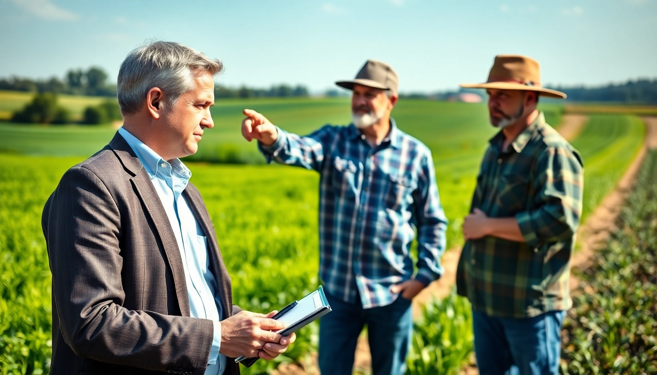 Discussing agricultural law in a rural setting with a farmer amidst vibrant crops.