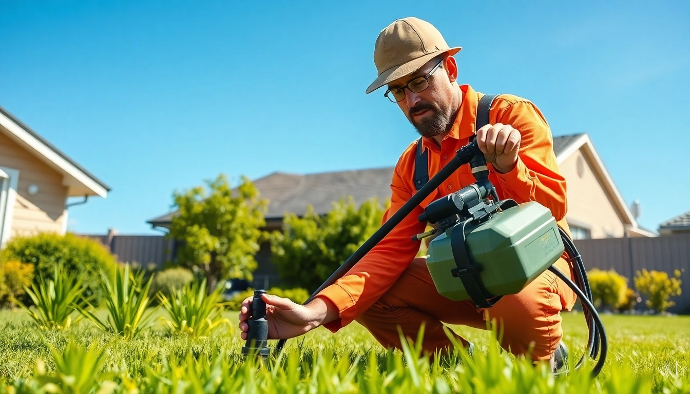 Technician performing termite reticulation system refills in a residential garden setting.