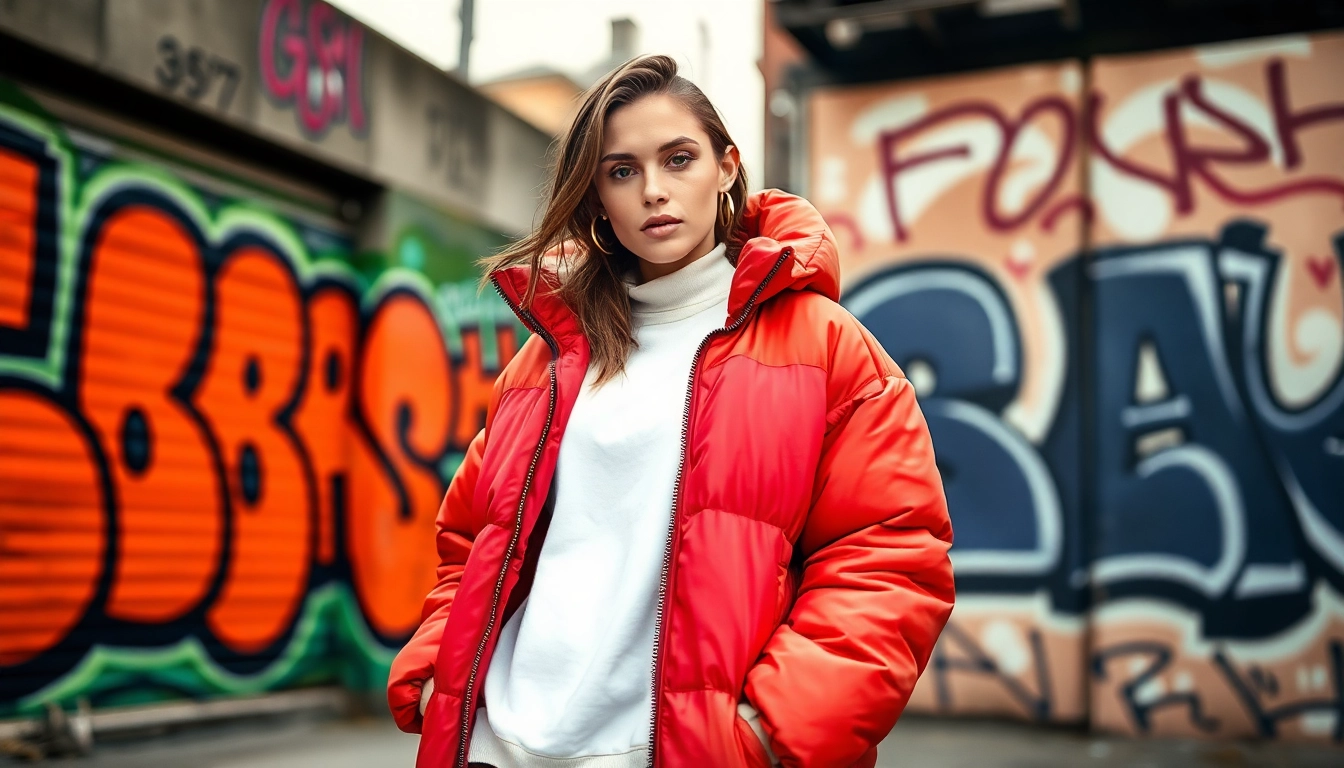 Model showcasing an Oversize Puffer Jacket in an urban environment against colorful graffiti.