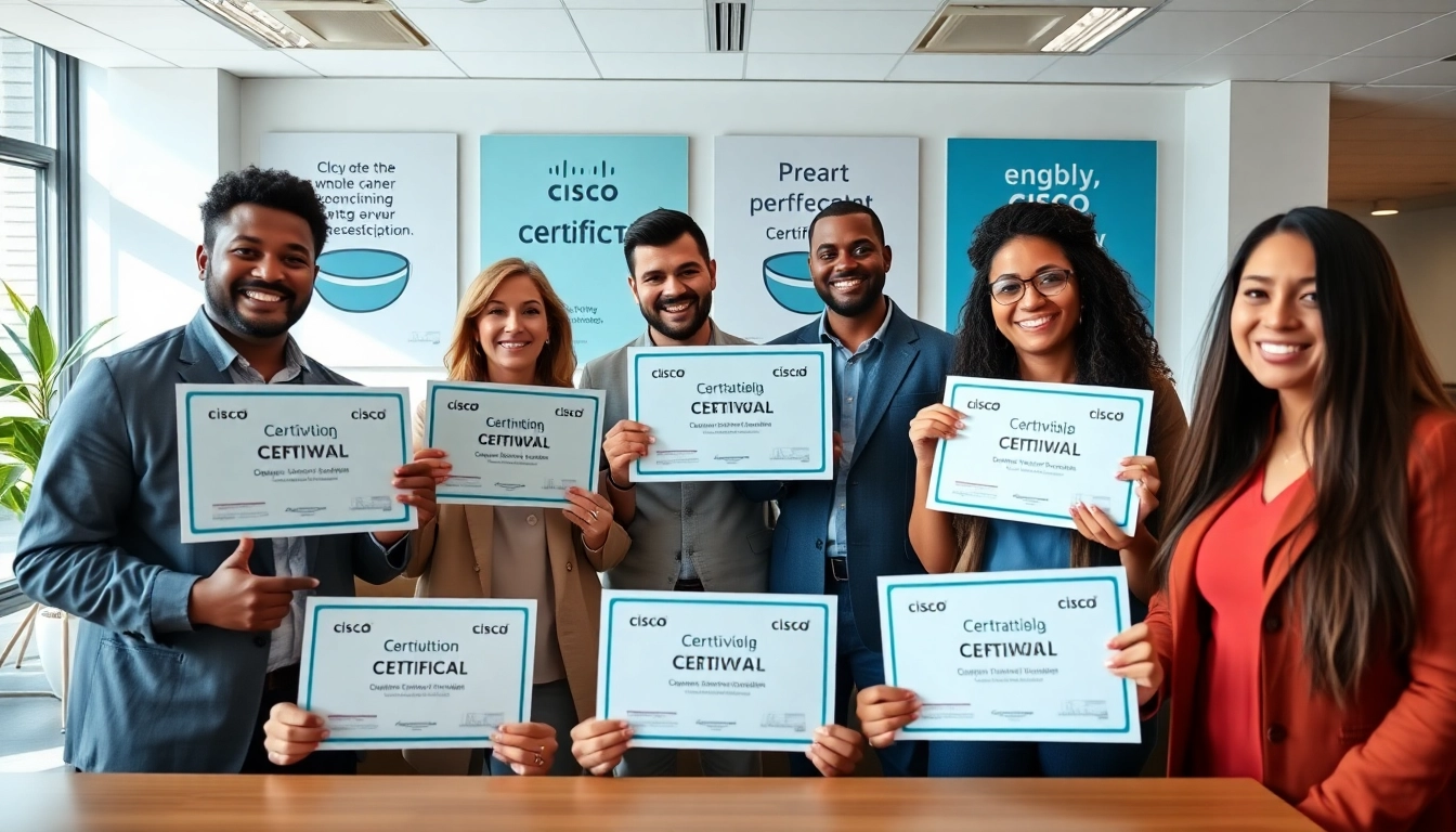 Celebrate your success and Renew Cisco Certification with a group of professionals in a modern office.