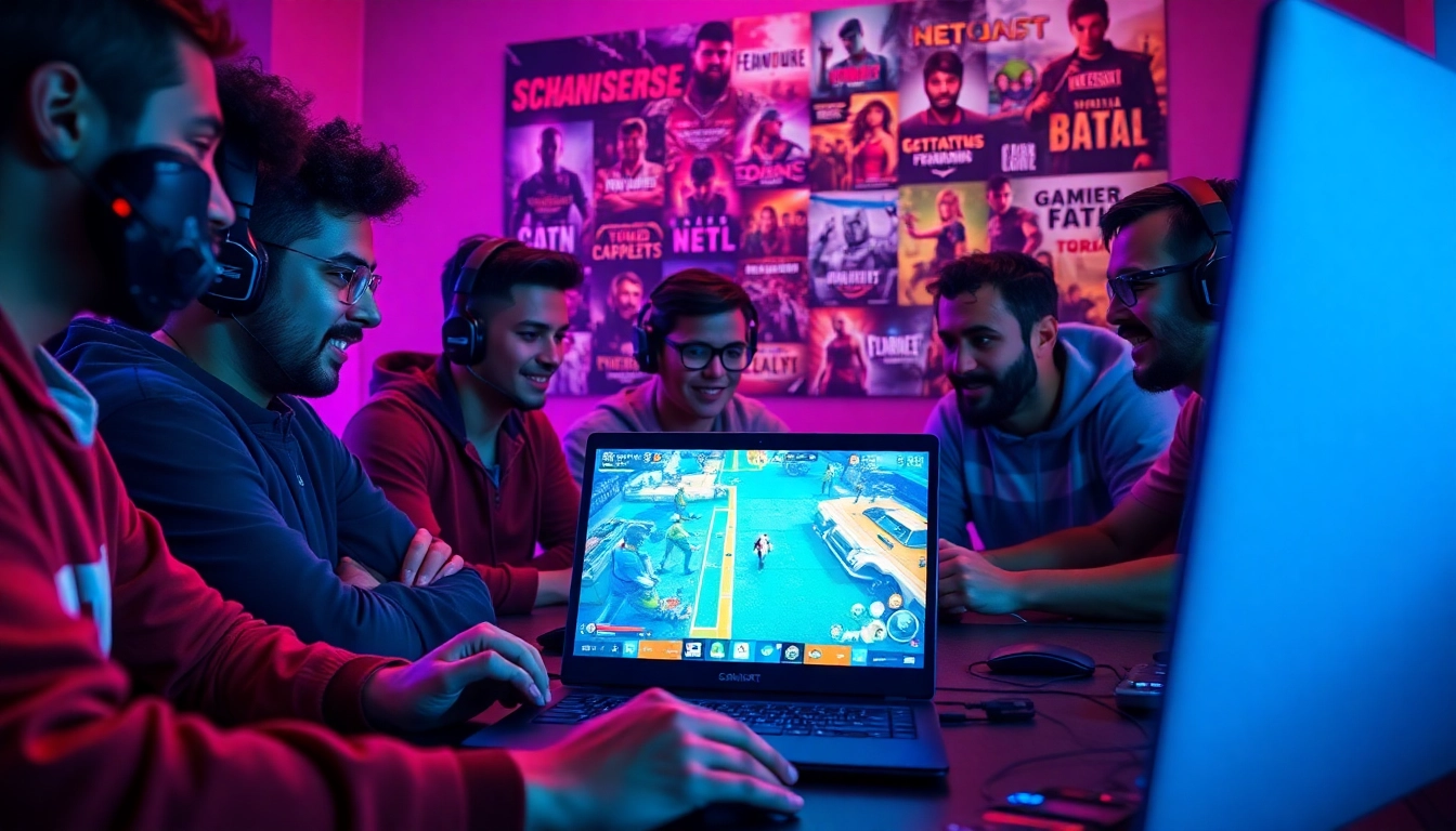 Permainan online yang menarik dengan gamer bersemangat di arena kompetisi.