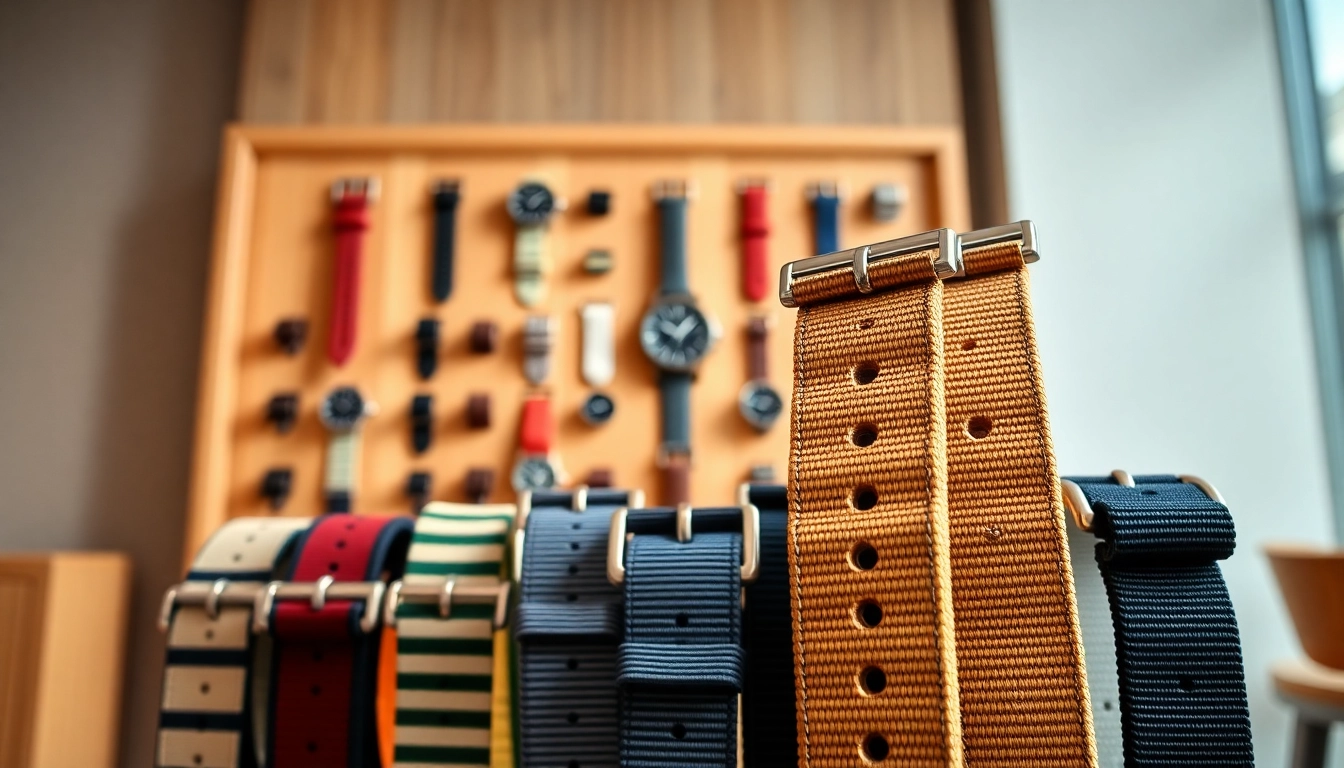 Shop quality nato straps uk displaying various colors and textures against a stylish background.