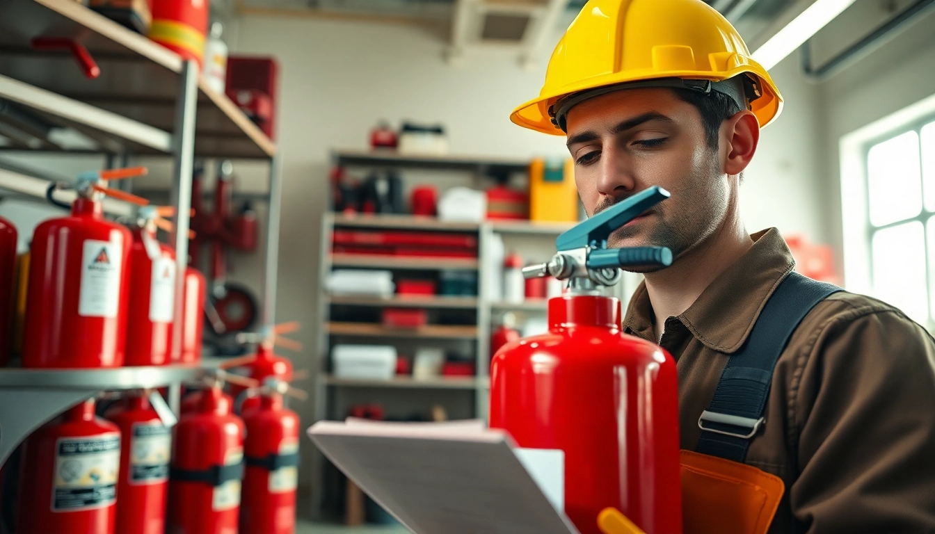 Fire extinguisher checks by a technician demonstrating proper inspection methods.