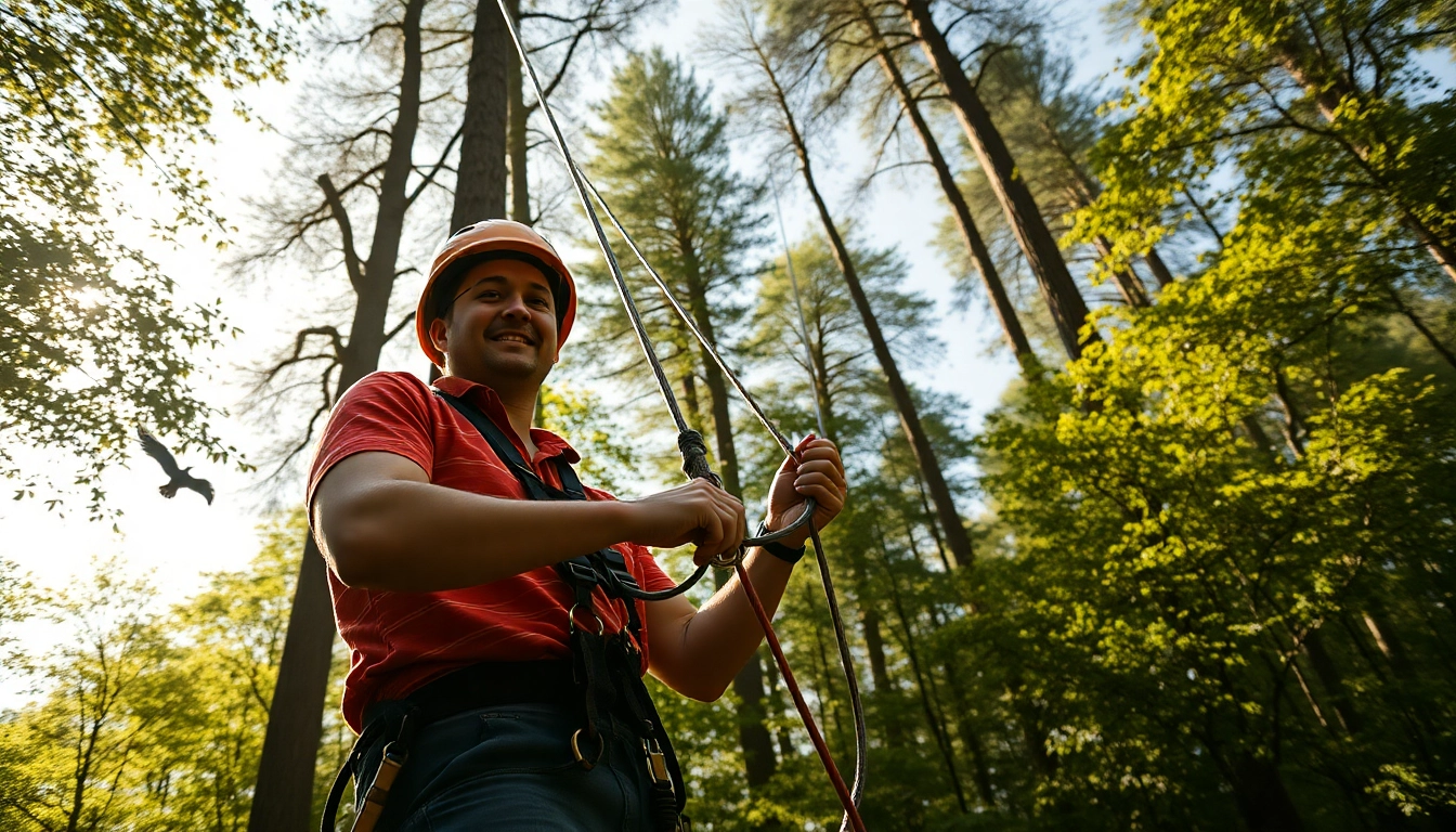 Installing a ZIP WIRE KIT amidst lush greenery, showcasing adventure gear in a safe setting.
