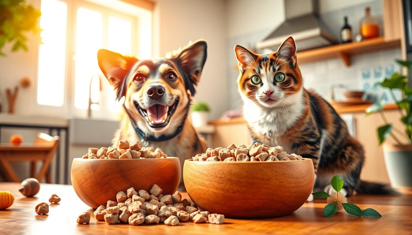 Happy pets enjoying dr marty pet food canada in a bright kitchen setting.