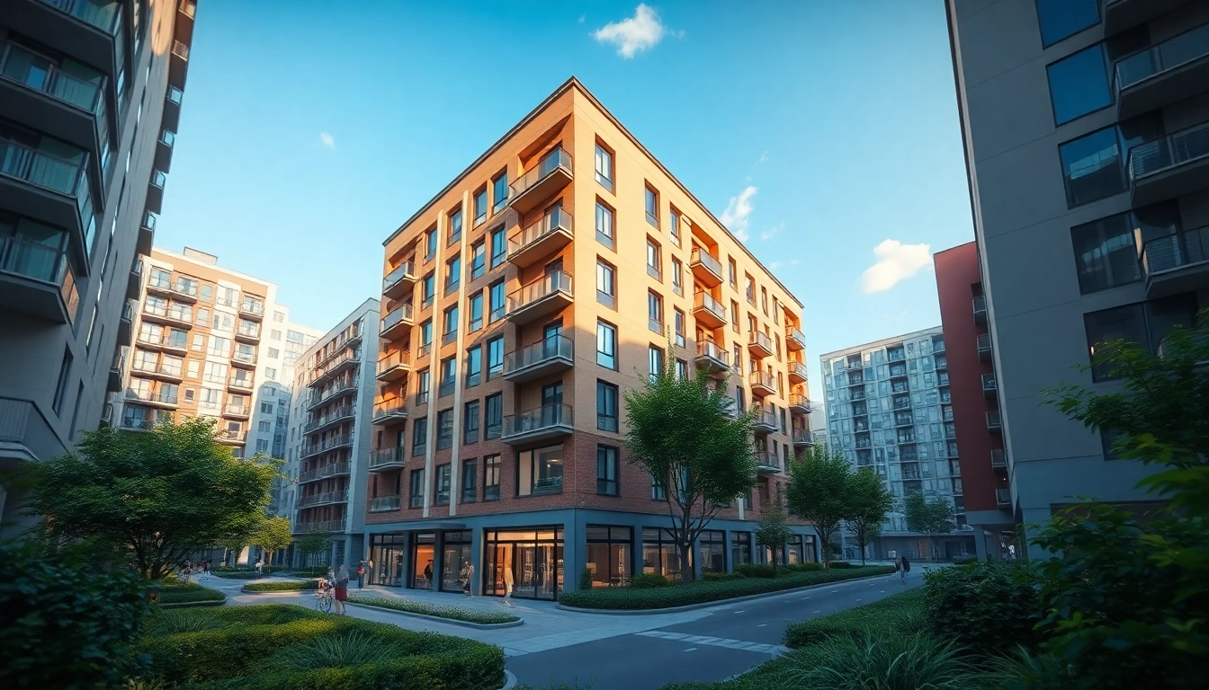 Architektur Visualisierung eines modernen Wohngebäudes in einer urbanen Umgebung mit lebendigen Farben.