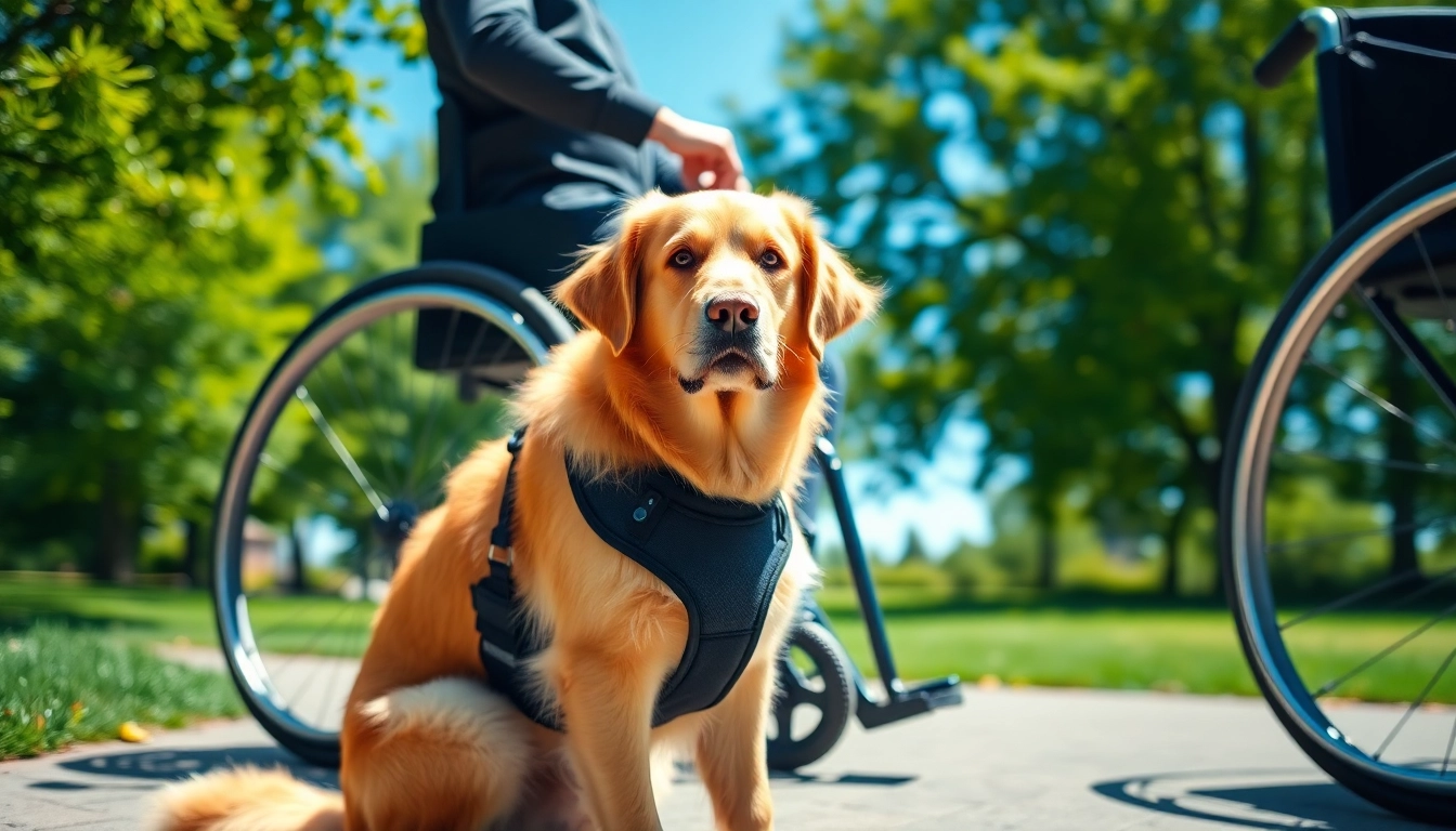 Service dogs for sale: Golden retriever in a service vest, showcasing companionship and support.