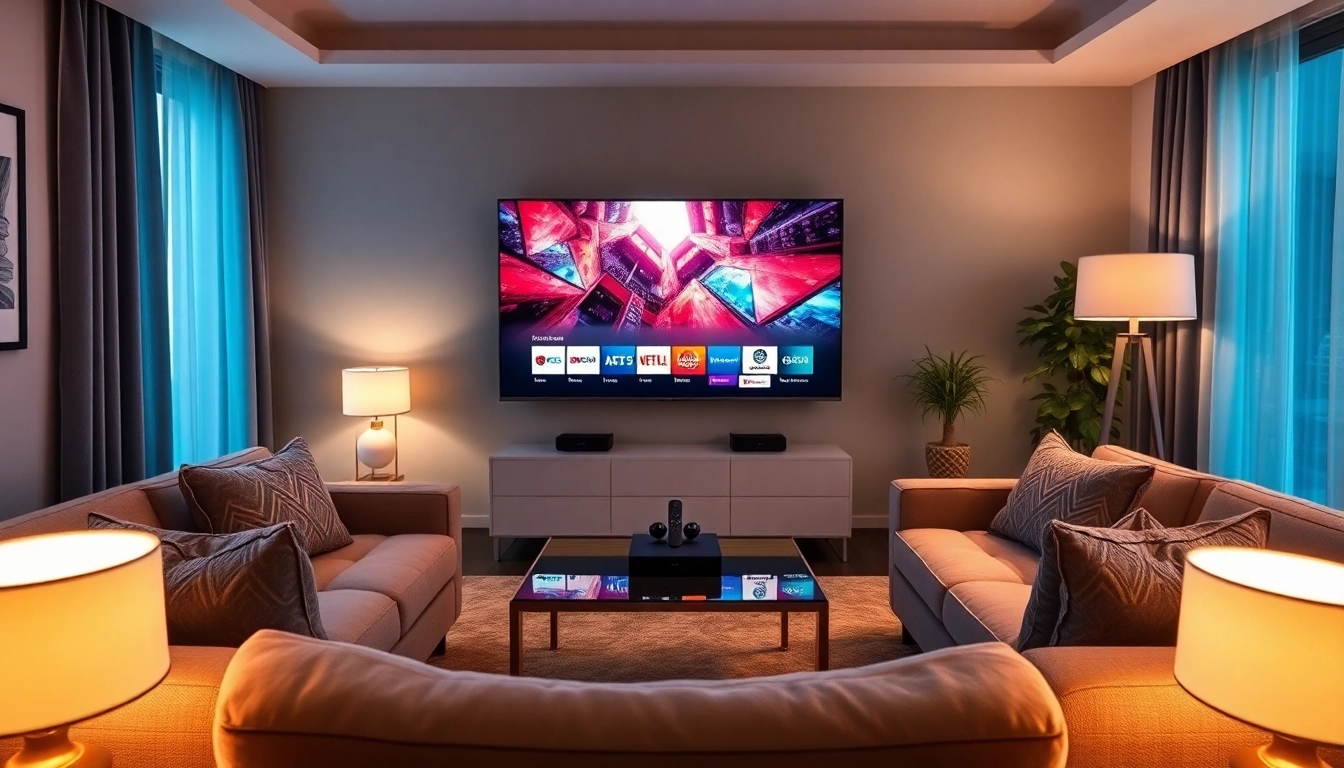 Comprar IPTV en un entorno moderno de sala de estar, con tecnología de streaming vibrante.