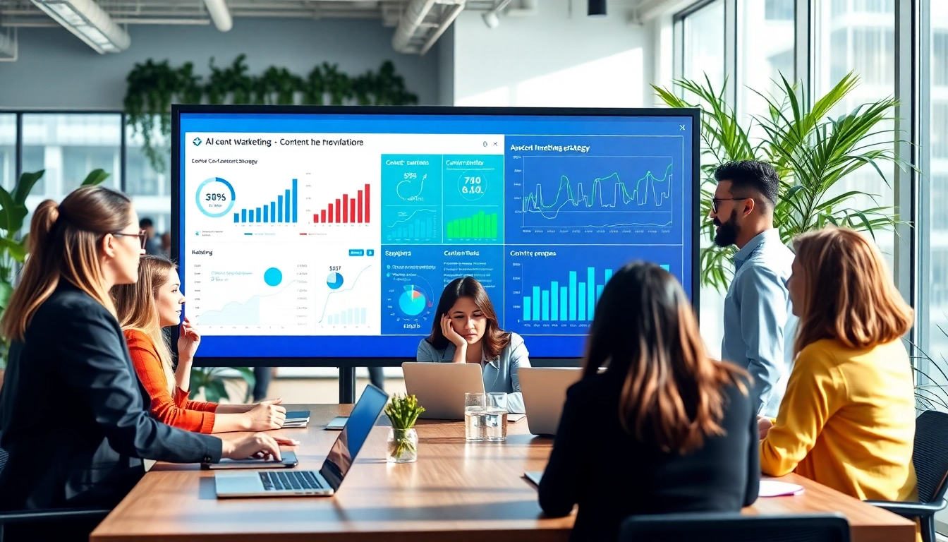 Team brainstorms strategies on an AI content marketing platform in a modern office.