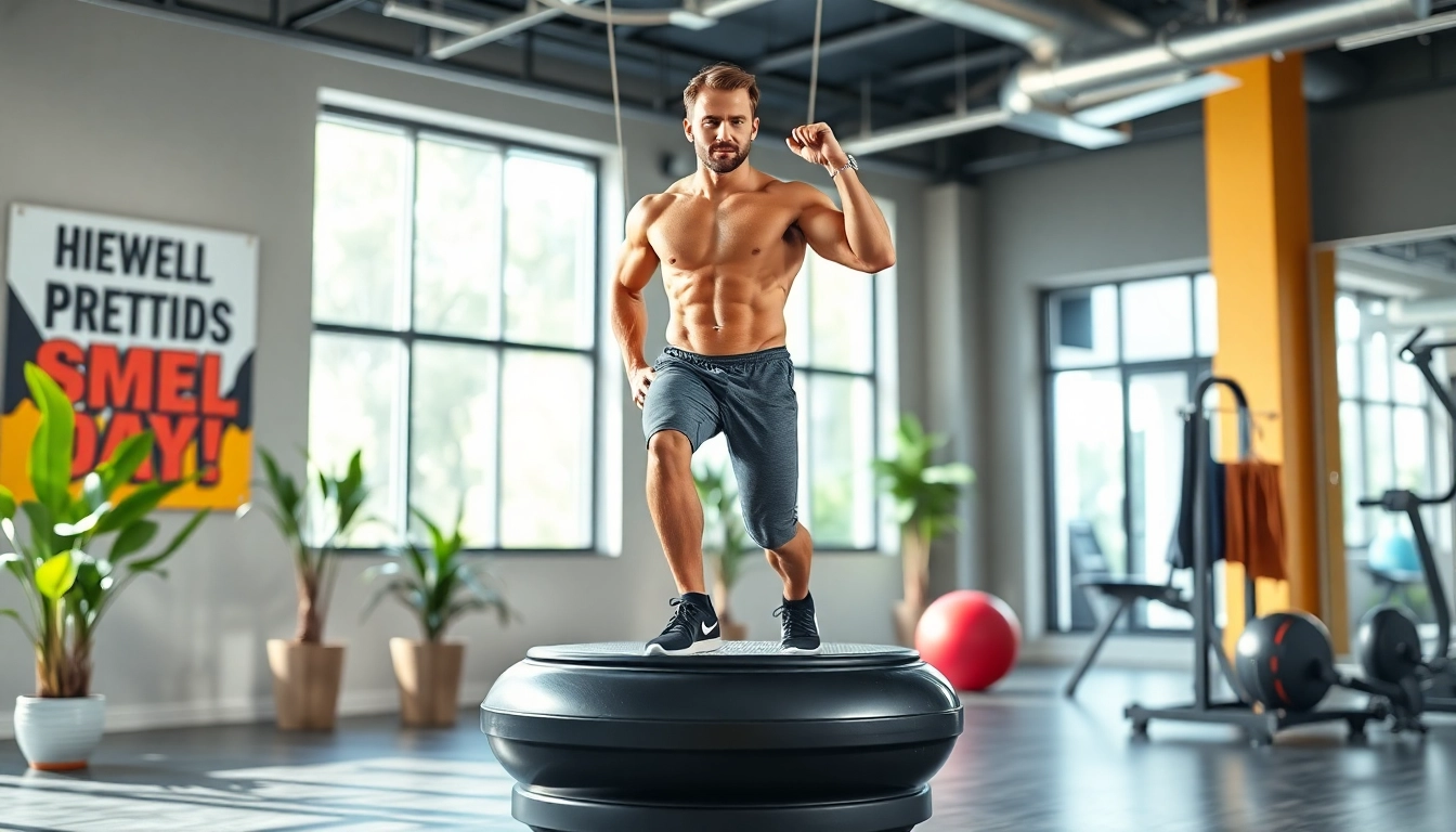 Engaging whole body vibration therapy session demonstrating fitness benefits in a vibrant gym.