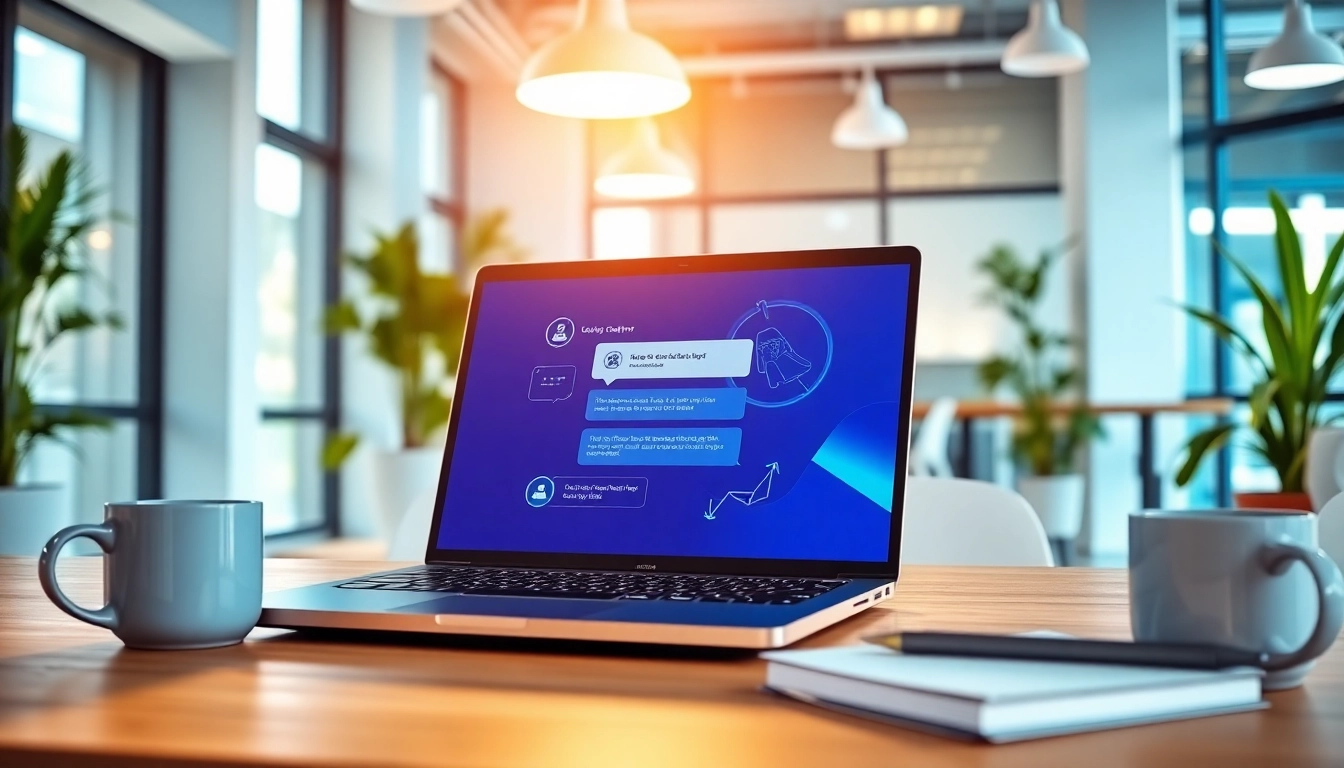 Engaging chatgpt bot for website interface displayed on a sleek laptop in a vibrant office setting.