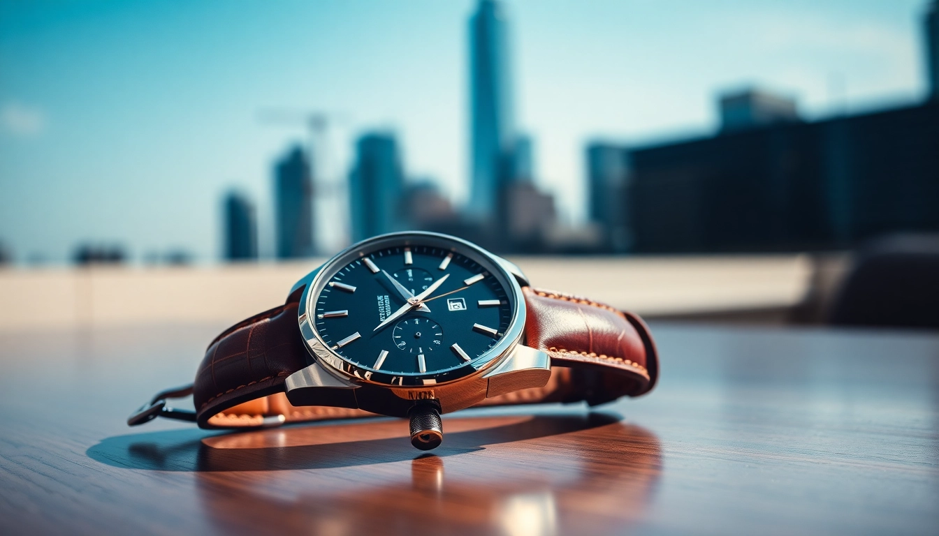 Elegante Herren Armbanduhr, auf einem Holztisch mit Stadtansicht im Hintergrund.