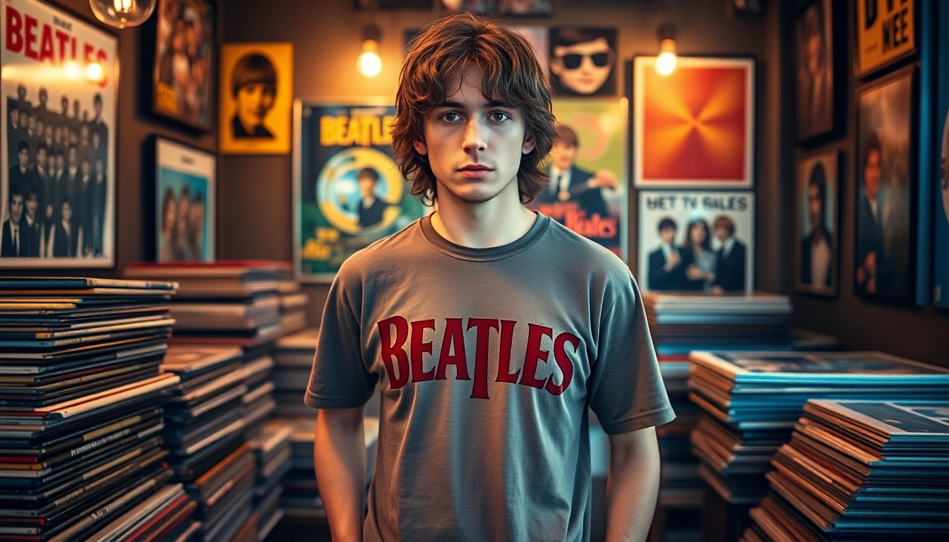 Showcase of a unique john lennon t shirt worn by a model in a cozy urban setting.